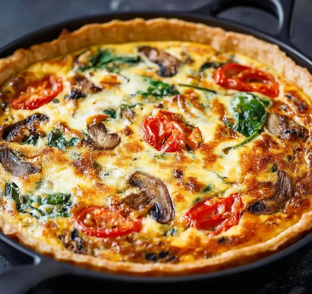 Cheesy Spinach Mushroom Tomato Quiche Recipe - Recipe Image