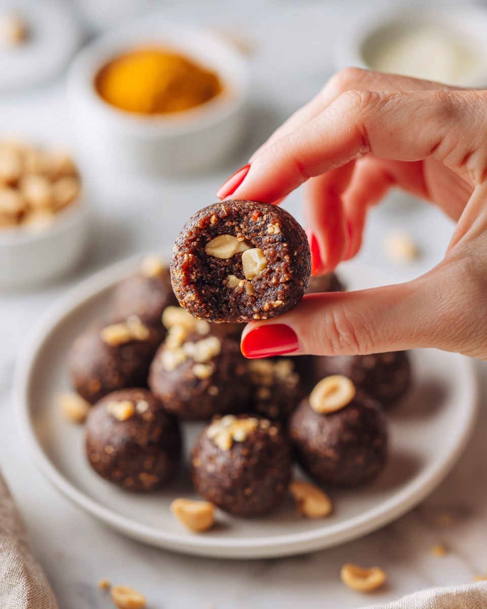 A close-up of a small round brown sweet held by a woman's hand with red-painted nails, showing a dip with a crumbly, moist texture and a few light-colored peanuts on top and inside; in the background, more brown sweets are arranged in a circle on a white plate, with three small white bowls containing white, orange, and chopped brown ingredients blurred behind on a white marbled surface. photo taken with an iphone --ar 4:5 --v 7