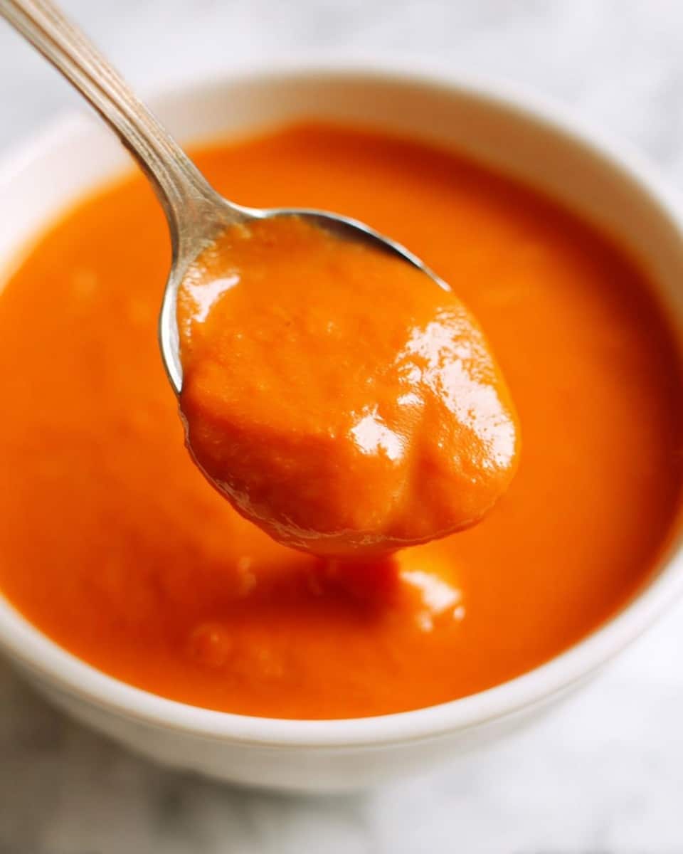 A close-up of a silver spoon lifting a thick, smooth, bright orange soup from a white bowl filled with the same vibrant orange soup, showing the creamy texture and subtle shine on the soup's surface, all set against a white marbled texture. photo taken with an iphone --ar 4:5 --v 7