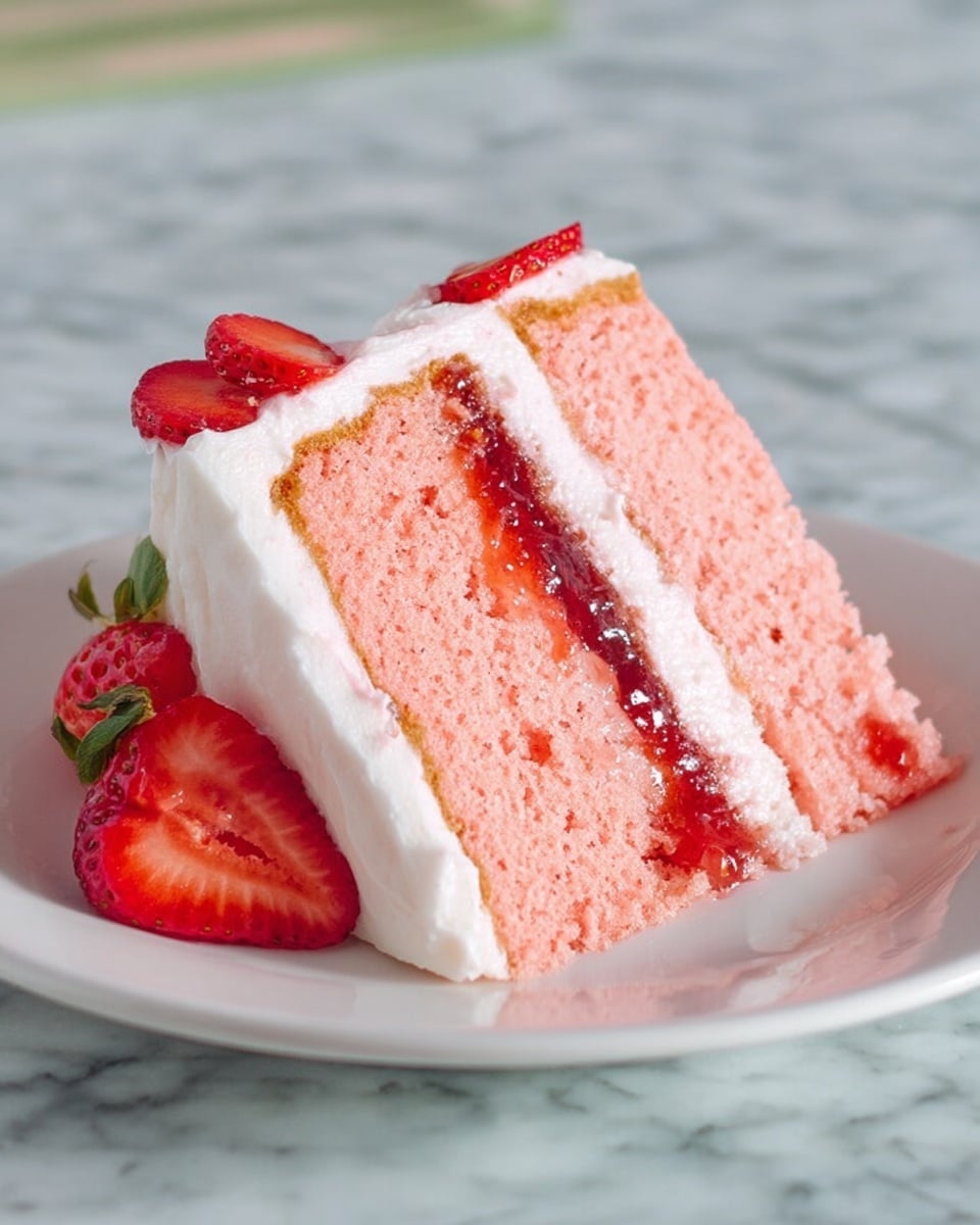 A slice of two-layer pink cake sits on a white plate on a white marbled surface. Each layer is thick, soft, and pink, with a middle layer of glossy, red strawberry jam visible between them. The outside of the cake is covered with smooth, white frosting. Fresh strawberry slices decorate the side of the cake and the plate, adding a fresh red and pink color contrast. The photo taken with an iphone --ar 4:5 --v 7