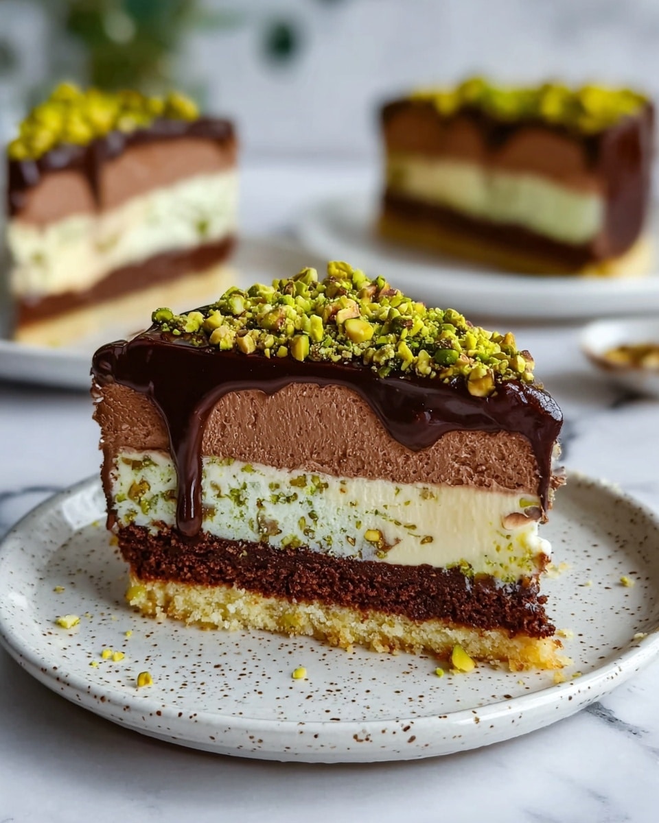 A slice of layered cake on a white plate with a speckled pattern sits on a white marbled surface. The cake has four visible layers: a bottom crust layer that is golden brown and crumbly, a thick chocolate mousse layer in dark brown above the crust, a creamy layer mixed with green flecks which looks soft and light, and a glossy dark chocolate ganache layer on top that drips slightly down the side. The top is sprinkled with bright green crushed pistachio nuts. In the blurred background, two more slices of the same cake rest on white plates. Photo taken with an iphone --ar 4:5 --v 7