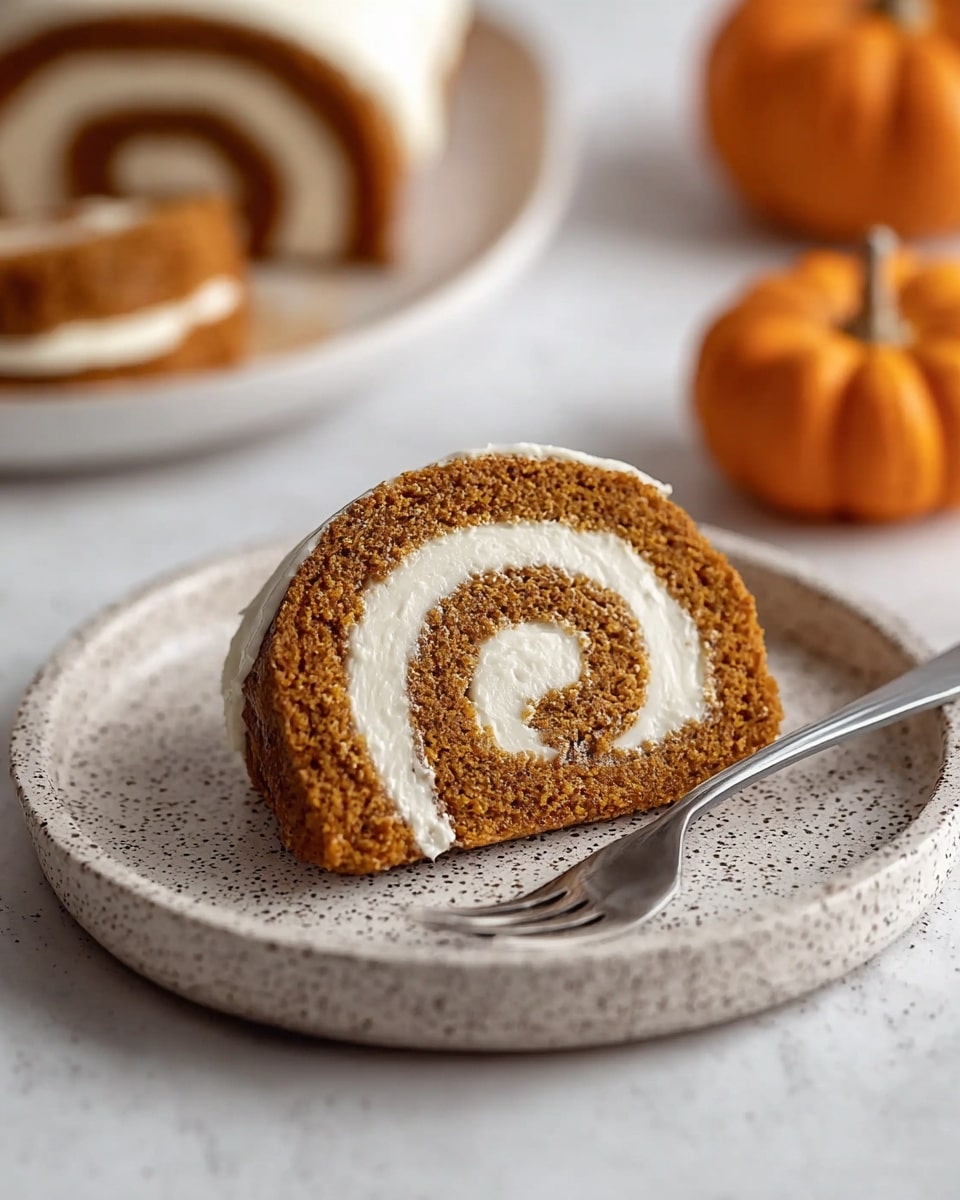A single slice of a two-layer pumpkin roll sits on a speckled white plate; the outer layer is a spongy, moist brownish-orange cake while the inner layer is a thick, smooth white cream filling spiraled evenly from the center to the edges. The plate holds a silver fork on the right side, and in the background, there is a blurred small orange pumpkin and a white plate with more pumpkin roll slices, all set on a white marbled textured surface. photo taken with an iphone --ar 4:5 --v 7