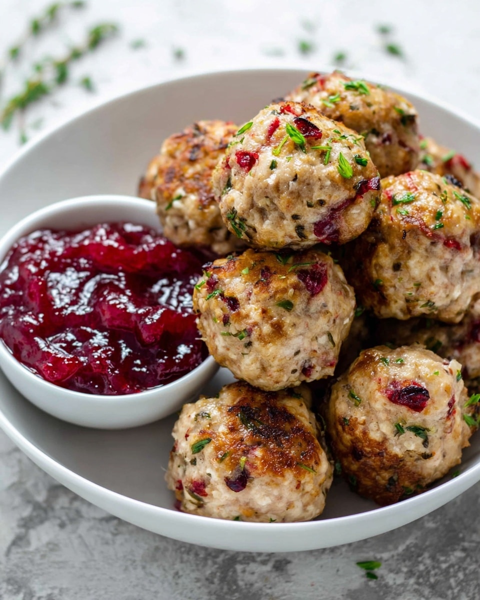A white bowl filled with a stack of eight meatballs, each one light brown with visible small red cranberry bits and green herbs sprinkled throughout. The meatballs look moist and slightly textured with a golden-browned surface. Inside the bowl, on the left side, there is a smaller white bowl holding a rich, deep red cranberry sauce with a thick, slightly chunky texture. The entire bowl sits on a white marbled surface with small green herb pieces scattered around. photo taken with an iphone --ar 4:5 --v 7