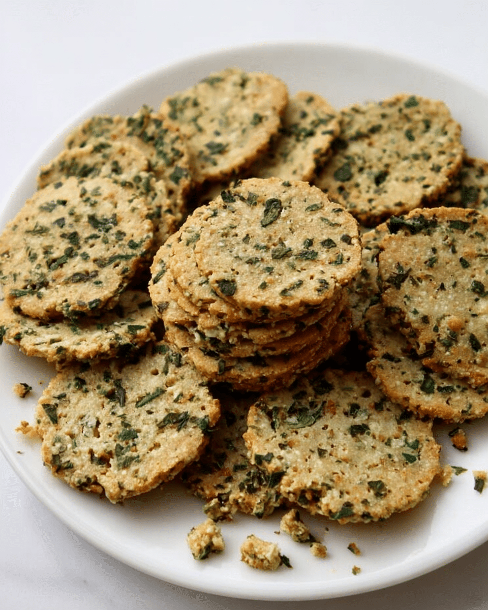 A white plate filled with many small round flat crackers stacked in a pile. The crackers are light brown with visible green herb or spinach pieces mixed through them. Some crumbs and small bits of herbs are scattered on the white marbled surface around the plate. The texture of the crackers looks dry and crumbly, and they have an uneven rough surface. Photo taken with an iphone --ar 4:5 --v 7