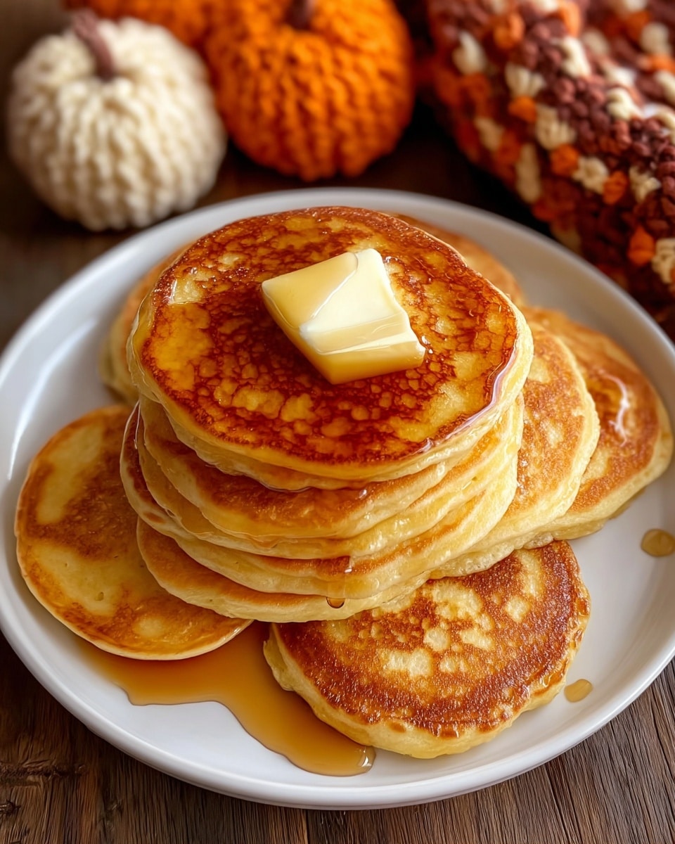 A white plate holds a stack of seven golden brown pancakes arranged in a circular pattern. The top pancake is centered and covered with a shiny drizzle of amber syrup, topped with a square pat of melting butter. The pancakes have a soft and fluffy texture with slightly uneven browning, showing a classic homemade look. The plate is set on a wooden surface with some blurred, out-of-focus knitted orange and cream pumpkins in the background, creating a cozy autumn feel. Photo taken with an iphone --ar 4:5 --v 7
