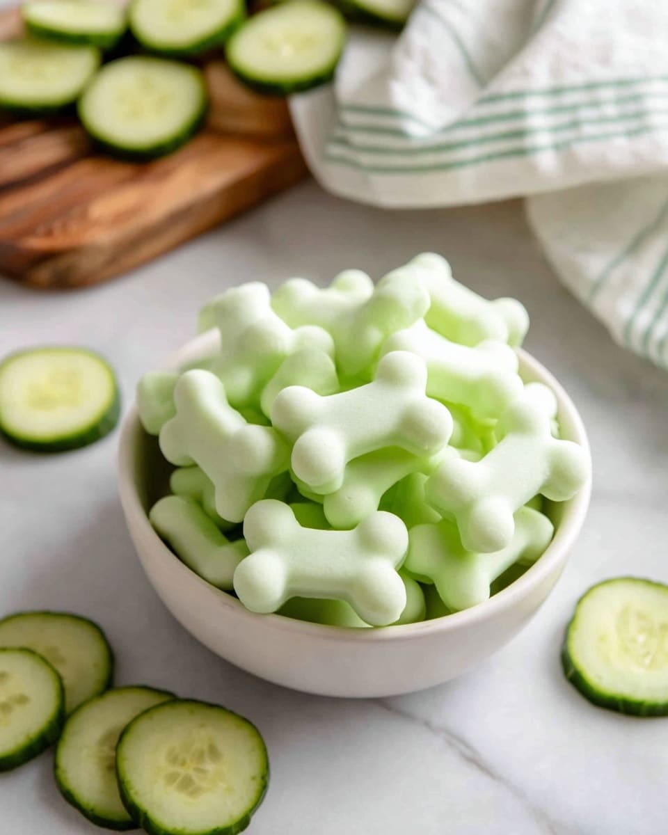 A white bowl is filled with many small, light green, bone-shaped treats stacked on top of each other, each one smooth and rounded with three bumps on the ends. Around the bowl, there are several slices of fresh cucumber showing their light green color with darker green edges, placed on a white marbled surface. In the background, a wooden board holds more cucumber slices, and a white cloth with green stripes is partially visible. The lighting is soft, making the shapes and colors clear and fresh. photo taken with an iphone --ar 4:5 --v 7