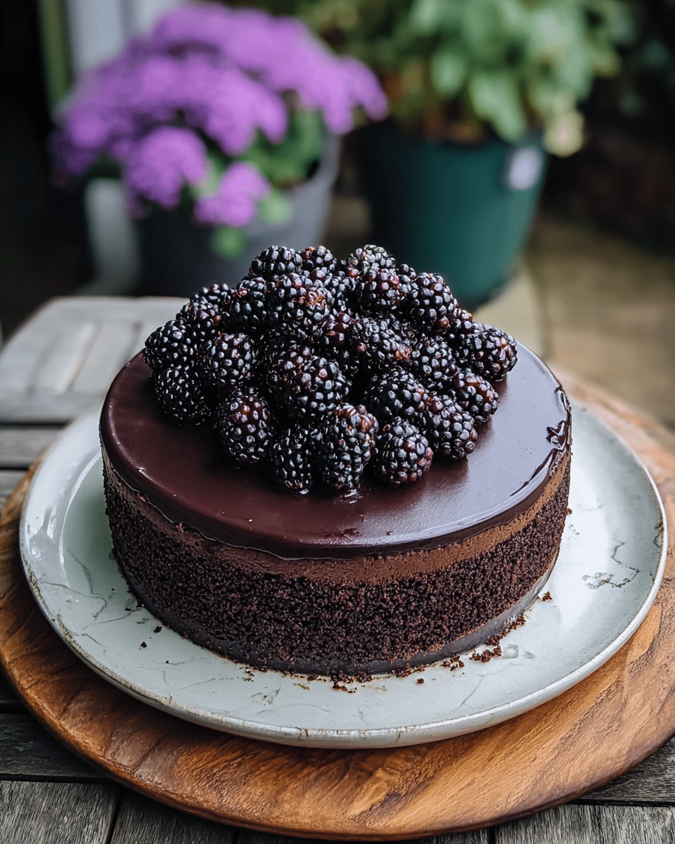 A round chocolate cake with two thick layers is shown, the bottom layer being dark chocolate cake with a rough texture and the top layer made of smooth, shiny dark chocolate ganache covering the whole surface. A pile of glossy blackberries with hints of red is placed on top, mostly near the center, adding a fresh contrast to the dark chocolate. The cake sits on a round white plate that is on a wooden board, all placed on a white marbled textured surface. In the background, there is a blurred pot with bright purple flowers. photo taken with an iphone --ar 4:5 --v 7