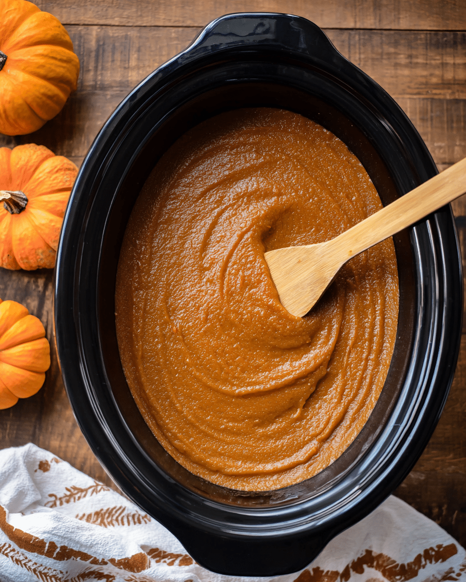 A single layer of smooth, thick pumpkin puree with a rich orange-brown color fills a black slow cooker, with light swirl marks showing the texture. A wooden spoon with a light brown handle is partly dipped into the puree, resting inside the cooker. Around the cooker, two small orange pumpkins and one small light orange pumpkin sit on a wooden surface. A white kitchen towel with brown lines is at the bottom edge of the image. The overall setting shows a cozy, autumn feel. Photo taken with an iphone --ar 4:5 --v 7