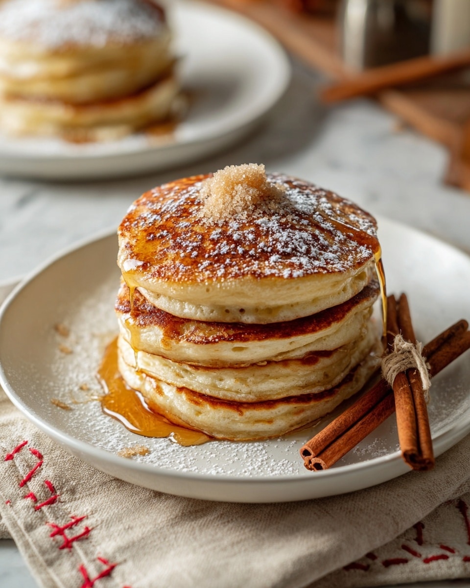 A stack of four thick, golden brown pancakes sits in the center of a white plate. Each pancake shows a soft, fluffy texture with slightly darker edges. Amber syrup gently pours down the sides, pooling at the base with a shiny, sticky look. A small pile of light brown sugar and a dusting of white powdered sugar rest on top. To the right of the stack, three cinnamon sticks tied with a simple string lean gently against the pancakes. The plate rests on a beige cloth with red stitched accents, all placed on a white marbled surface. In the background, another white plate holds a smaller stack of pancakes with powdered sugar, slightly out of focus. Photo taken with an iphone --ar 4:5 --v 7