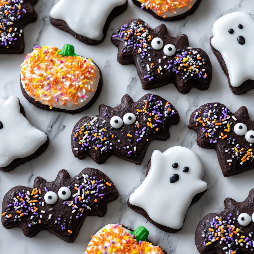 The image shows a group of dark brown cookies shaped like bats, pumpkins, and ghosts spread out on a white marbled surface. Each cookie has one layer of glossy white glaze icing covering the top. The bat-shaped cookies each have two small black and white candy eyes and are decorated with colorful sprinkles in purple, green, orange, white, and black scattered over the icing. The pumpkin and ghost-shaped cookies also have white glaze icing topped with orange, yellow, and white sprinkles scattered evenly. The texture of the cookies looks slightly crisp, with the smooth glaze shining under soft light. photo taken with an iphone --ar 4:5 --v 7