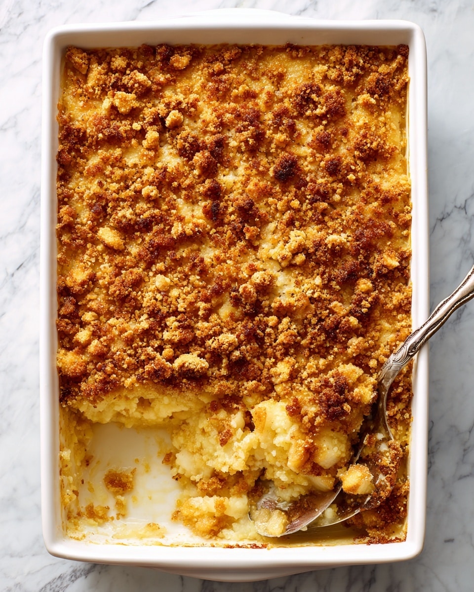 A white rectangular baking dish is filled with a golden brown baked dish that appears crumbly and crunchy on top. The top layer has a coarse texture with uneven clumps of browned crumbs scattered all over. A scoop has been taken out from one corner, revealing a thick, pale yellow inside layer that looks soft and moist with some small chunks. The inside has a slightly grainy texture and contrasts with the rough outer crust. The dish is placed on a white marbled surface. Photo taken with an iphone --ar 4:5 --v 7