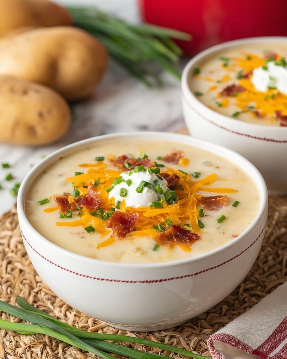 A white bowl filled with creamy, light beige soup sits on top of another white bowl, both with a thin red stitch-like line around the rim. The soup has visible small chunks of potato inside and is topped with thin bright orange shredded cheddar cheese, crispy brown bacon bits, chopped green chives, and a dollop of white sour cream in the center. The background shows a blurred white marbled texture with whole potatoes and a red pot in soft focus. Some green chives are scattered on the woven straw mat beneath the bowls. Photo taken with an iphone --ar 4:5 --v 7