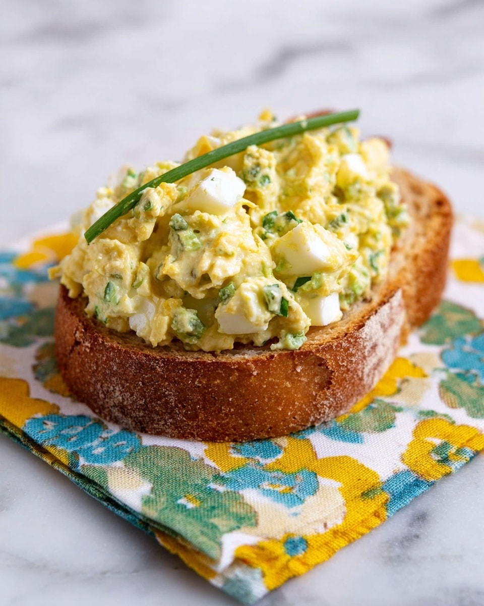 A single toasted slice of bread sits on a folded floral-patterned napkin with yellow, green, and blue colors on a white marbled surface. The bread is golden-brown and slightly crusty. On top is a thick layer of chunky egg salad mixture, mostly pale yellow with bits of white from the eggs and small green herbs mixed in, giving it a fresh and creamy texture. A small piece of green chive rests on the egg salad, adding a touch of color and detail. The focus is close, showing texture and detail clearly. Photo taken with an iphone --ar 4:5 --v 7