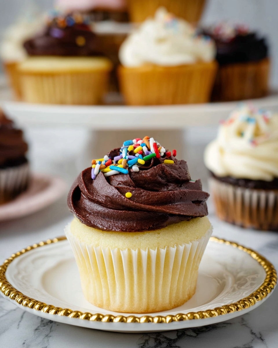 A close-up of a vanilla cupcake held by a woman's hand, with a soft and light yellow cake base wrapped in a partly peeled white paper liner. On top, there is a thick swirl of white creamy frosting, decorated with colorful sprinkle rods in red, blue, yellow, pink, and green scattered across the frosting. The background shows blurred softer colors with other cupcakes visible but out of focus, all set on a white marbled surface. photo taken with an iphone --ar 4:5 --v 7