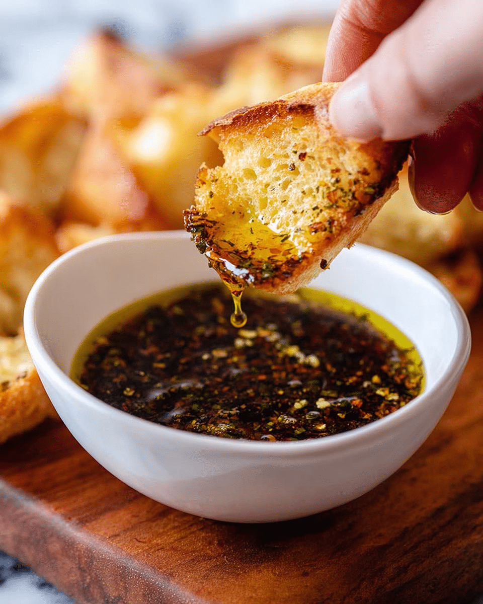 A white bowl filled with a yellow layer of olive oil topped with a mix of dark herbs and spices, including red pepper flakes and ground black pepper, floating on the surface in an uneven pattern. Around the bowl, pieces of torn, light brown crusty bread with a soft white interior sit on a wooden board. The background has a soft white marbled texture. photo taken with an iphone --ar 4:5 --v 7