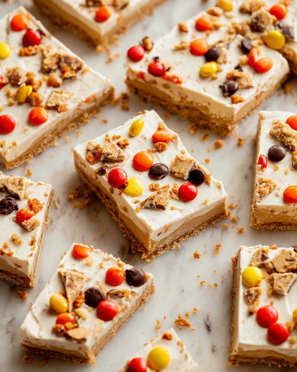 The image shows many pieces of peanut butter bars arranged on a white marbled surface. Each bar has three layers: the bottom layer is a light brown peanut butter crust with a slightly crumbly texture, the middle layer is a smooth caramel peanut butter filling in a darker golden brown, and the top layer is a thick, creamy white frosting. The frosting is decorated with colorful candy pieces in red, orange, yellow, and dark brown, some whole and some broken, adding a rough, textured look. Pieces are cut into squares and triangles, scattered evenly with small crumbs around them. photo taken with an iphone --ar 4:5 --v 7