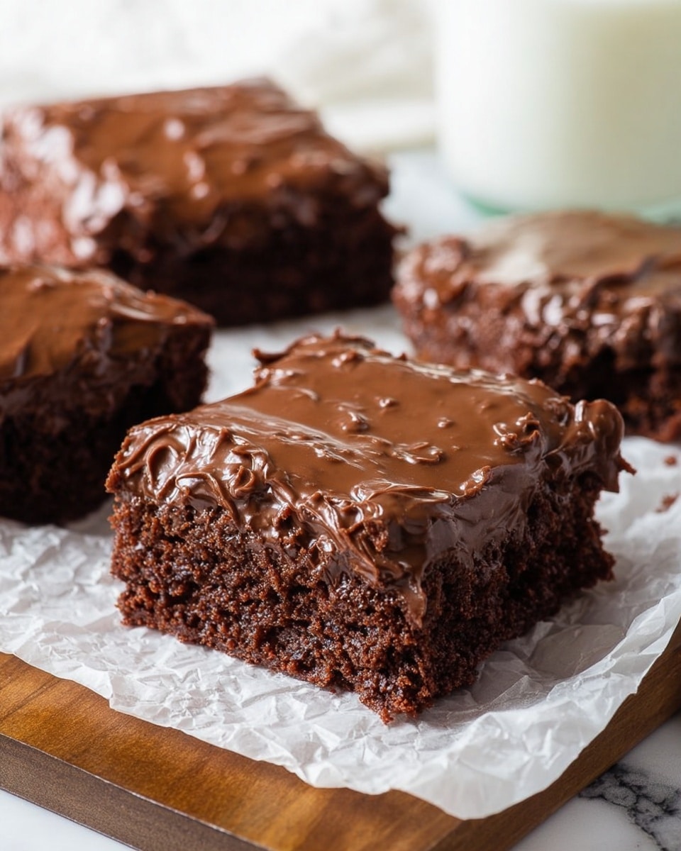 The image shows three square pieces of chocolate brownie cake, each with two visible layers: a thick, dark brown bottom layer of moist cake with a rough texture and a top layer of thick, glossy milk chocolate frosting that looks slightly lumpy and shiny, covering the whole surface. The brownies are placed on crumpled white parchment paper on a wooden board, with a blurred glass of milk in the background. The surface around is a white marbled texture. photo taken with an iphone --ar 4:5 --v 7