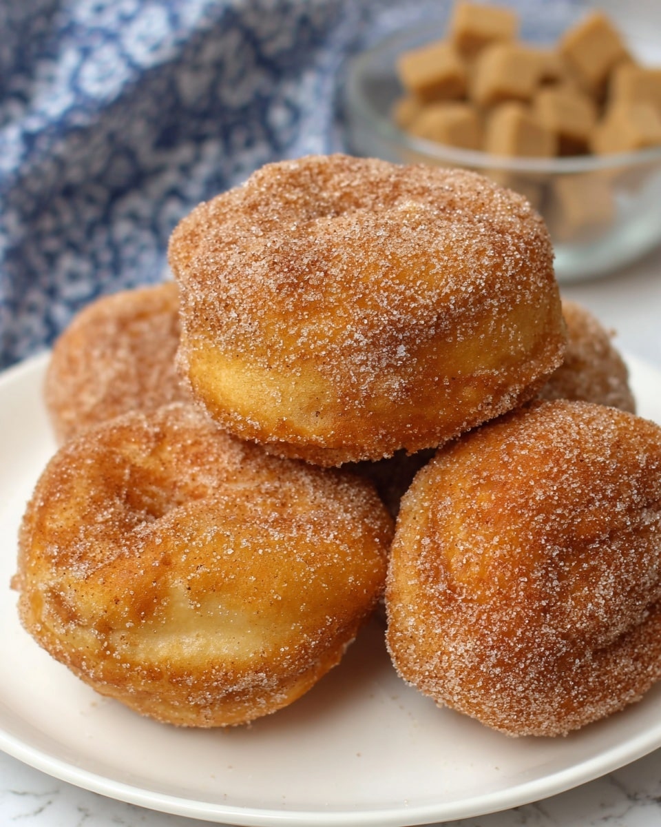The image shows a close-up of a pile of four cinnamon sugar-coated donuts on a white plate. Each donut is golden brown with a slightly rough texture from the sugar crystals covering them evenly. The donuts have a soft, puffy shape with some irregular creases and folds on the surface, making them look fresh and tender. The background is softly blurred, featuring a glass bowl containing brown sugar cubes and a white marbled surface with faint blue cloth patterns. The lighting highlights the sugary texture and warm tones of the donuts. photo taken with an iphone --ar 4:5 --v 7