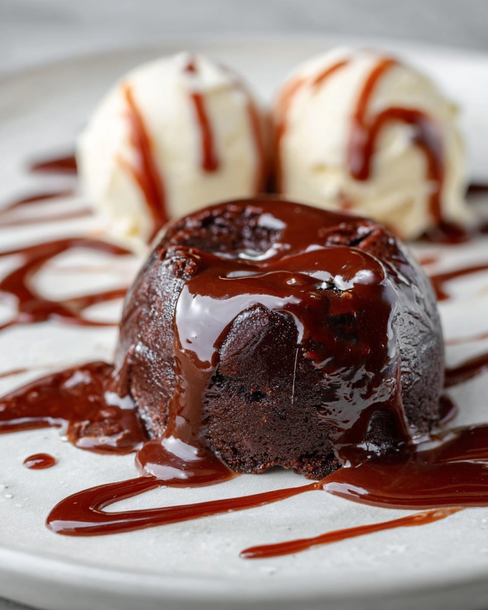 The image shows a close-up of a rich chocolate dessert placed on a white plate with a white marbled texture surface. The dessert has a deep dark brown color with a glossy texture, covered in thick chocolate sauce that cascades over its sides. Behind it, there are two scoops of pale cream-colored ice cream, each drizzled lightly with more chocolate sauce, which is also artistically spread around the plate in thin, flowing lines and small pools. The overall focus is on the shiny, moist chocolate dessert in the foreground with the ice cream softly blurred in the background. photo taken with an iphone --ar 4:5 --v 7