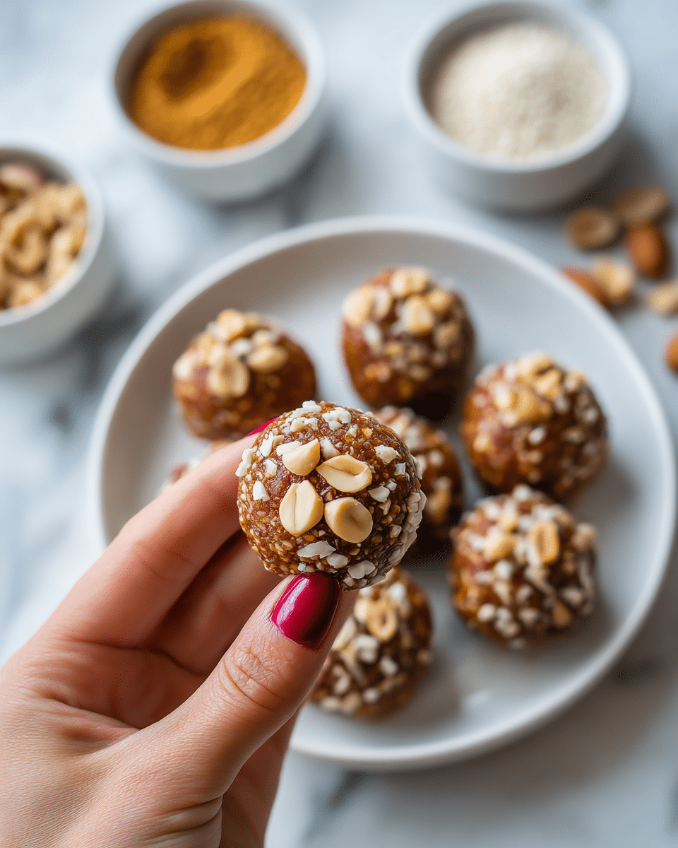 A close-up of a woman's hand with red-painted nails holding a round brown sweet ball with a soft, grainy texture and visible small peanuts inside and on top. In the background, there is a white plate filled with more of the same brown sweet balls, each topped with a peanut, all placed on a white marbled surface. Around the plate, there are three small white bowls containing different ingredients: one with white grains, another with a golden powder, and the third with crushed nuts. Photo taken with an iphone --ar 4:5 --v 7