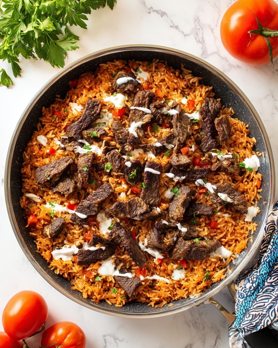 A frying pan filled with two main layers: the bottom layer is orange-red rice mixed with small pieces of red pepper, giving a soft, grainy texture, while the top layer consists of dark brown strips and chunks of cooked beef scattered evenly, some with light grill marks; thin swirls of white sauce are drizzled over the beef and rice, and small green herb bits are sprinkled on top, all placed on a white marbled surface with a few fresh red tomatoes and sprigs of green parsley nearby. photo taken with an iphone --ar 4:5 --v 7