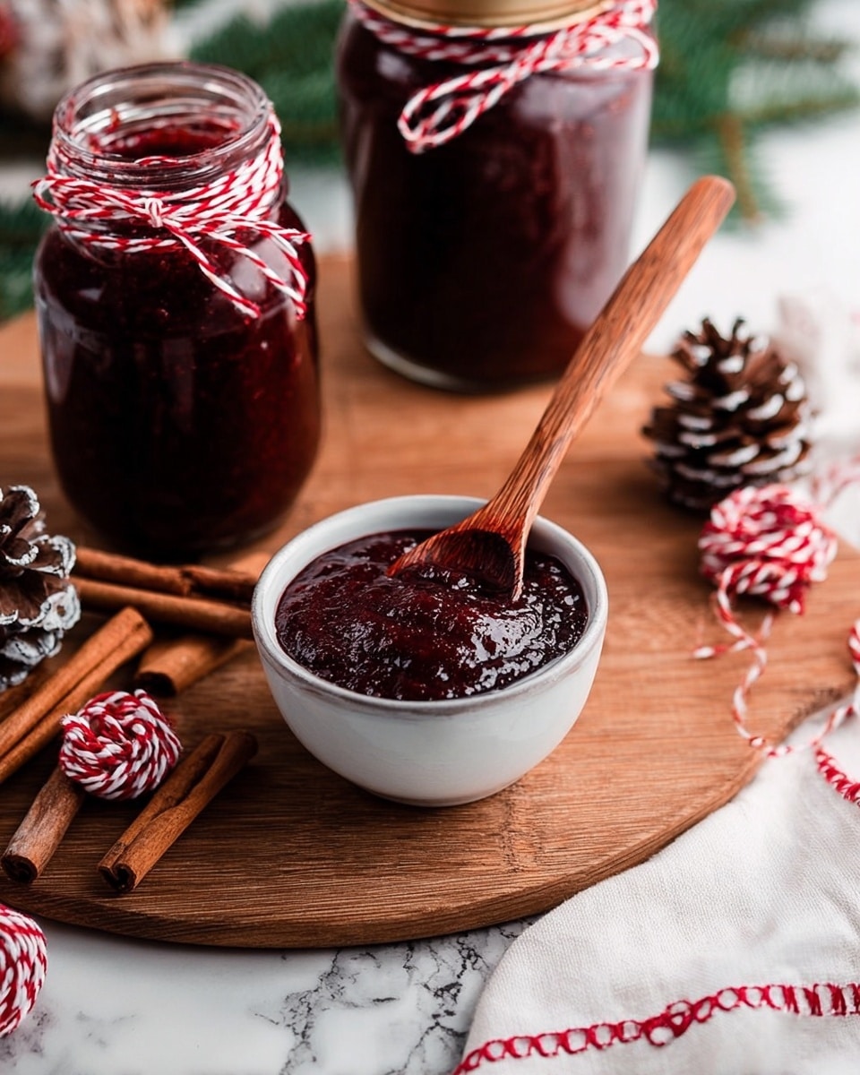 The image shows a small white bowl filled with thick, dark red jam that looks glossy and textured, placed on a wooden board. The deep red jam has a wooden spoon dipped into it, the spoon resting on the bowl’s edge extending leftward. Behind the bowl, there are two glass jars filled with the same dark red jam, each jar wrapped near the top with a red and white twisted string. On the wooden surface around the bowl and jars, there are three cinnamon sticks and two small pine cones dusted with white, along with pieces of red and white twisted string casually placed. To the right, there is a white cloth with red stitching along the edge, and some green pine sprigs partly visible on a white marbled texture. Photo taken with an iphone --ar 4:5 --v 7