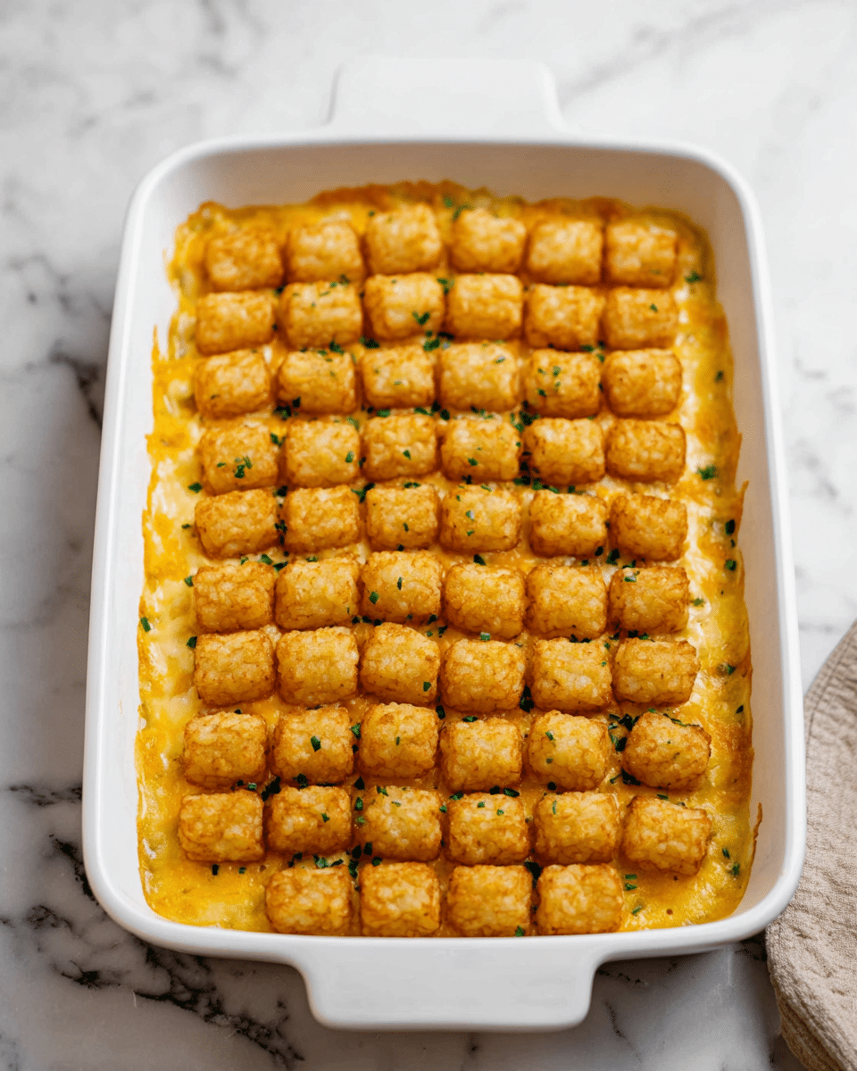 A white square baking dish filled with a layered casserole, topped with neatly arranged golden-brown tater tots in rows covering the surface; underneath, a creamy, cheesy yellow layer peeks out around the edges, with small green herb sprinkles scattered on top, all set on a white marbled countertop. photo taken with an iphone --ar 4:5 --v 7