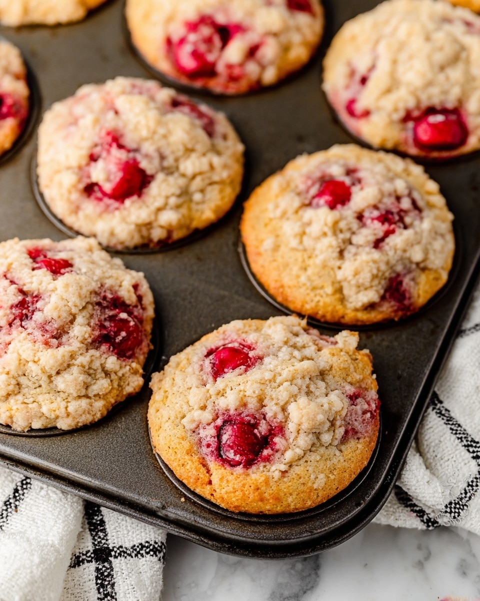 The image shows a close-up of multiple round muffins still in a dark metal muffin tray, sitting on a white marbled surface with a white and black checkered cloth beneath. Each muffin has a rough, bumpy top with a crumbly texture and is speckled with bright red cherries embedded within the light golden-brown muffin base. The cherries give splashes of deep red color, some slightly glossy, contrasting with the soft, crumbly, pale muffin dough. The muffins look moist with uneven, irregular tops and slight cracks revealing their tender texture. photo taken with an iphone --ar 4:5 --v 7