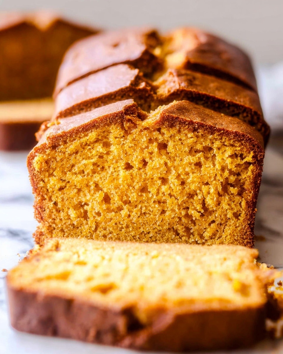 The image shows a loaf of pumpkin bread sliced into thick pieces, placed on parchment paper over a white marbled surface. The bread has a rough, textured crust that is golden brown and cracked on top. Inside, the bread is a moist, dense, warm orange color with small bits and a slightly crumbly texture, visible from the slices facing forward. No plate is visible, just the loaf resting on the paper. Photo taken with an iphone --ar 4:5 --v 7