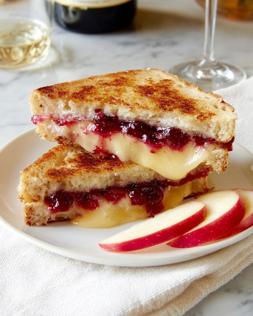 The image shows a white plate with a grilled sandwich cut in half and stacked. The sandwich has three layers: the top and bottom are toasted bread with a golden-brown crust, the middle layer consists of melted light yellow cheese, and a dark red berry jam spread in between the cheese layers, which looks juicy and thick. Next to the sandwich are two red apple wedges with a shiny peel. The plate sits on a white cloth placed on a white marbled surface with a blurred bottle of wine and a woman's hand holding a glass in the background. Photo taken with an iphone --ar 4:5 --v 7