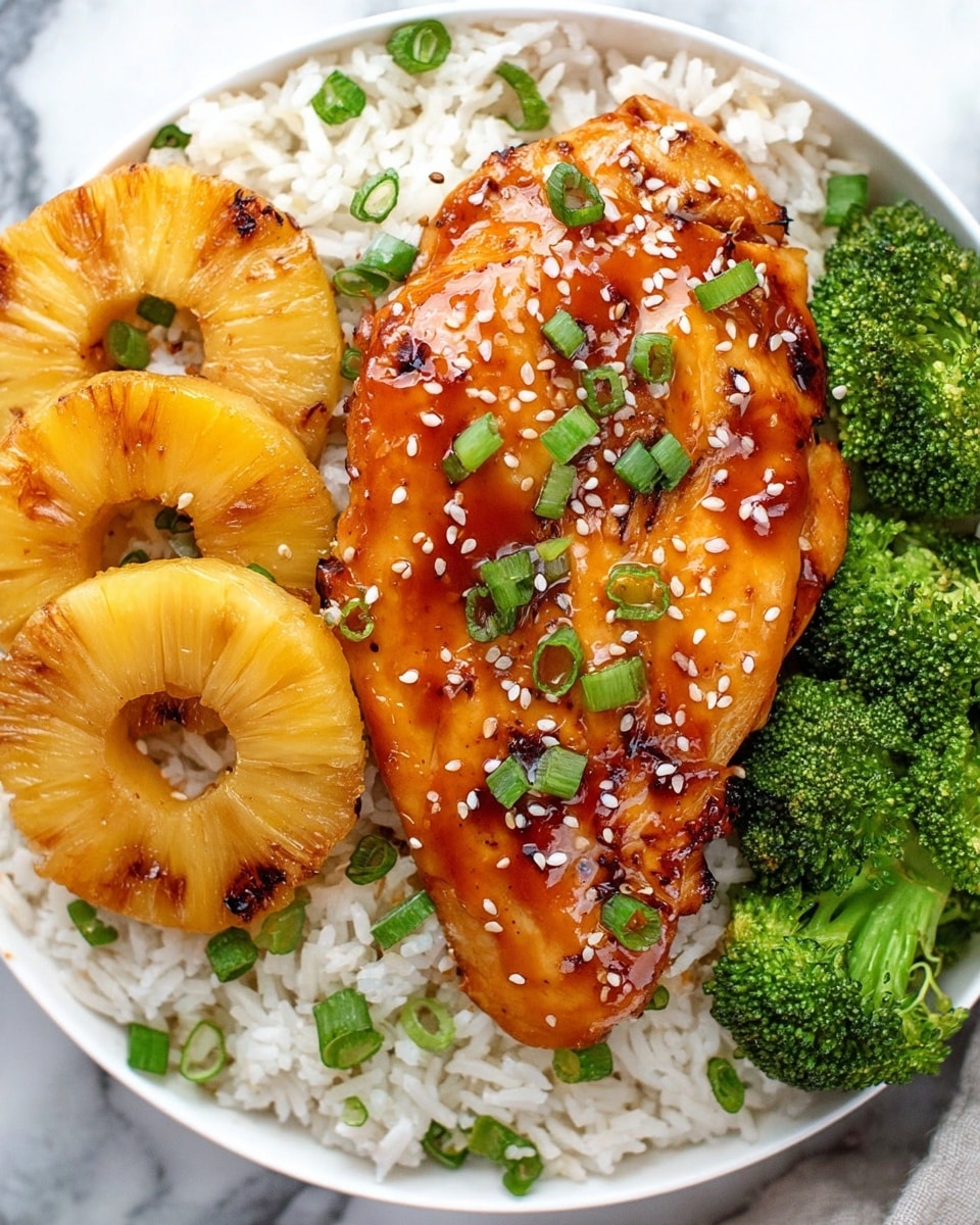 The image shows a white plate with three main layers: the bottom layer is white rice mixed with chopped green onions, the middle layer has two golden-brown grilled pineapple rings placed beside the rice, and the top layer features a glossy, marinated grilled chicken breast with a shiny orange glaze, sprinkled evenly with white sesame seeds and small green onion pieces. There are bright green broccoli florets on the side of the plate, all set against a white marbled surface. Photo taken with an iphone --ar 4:5 --v 7