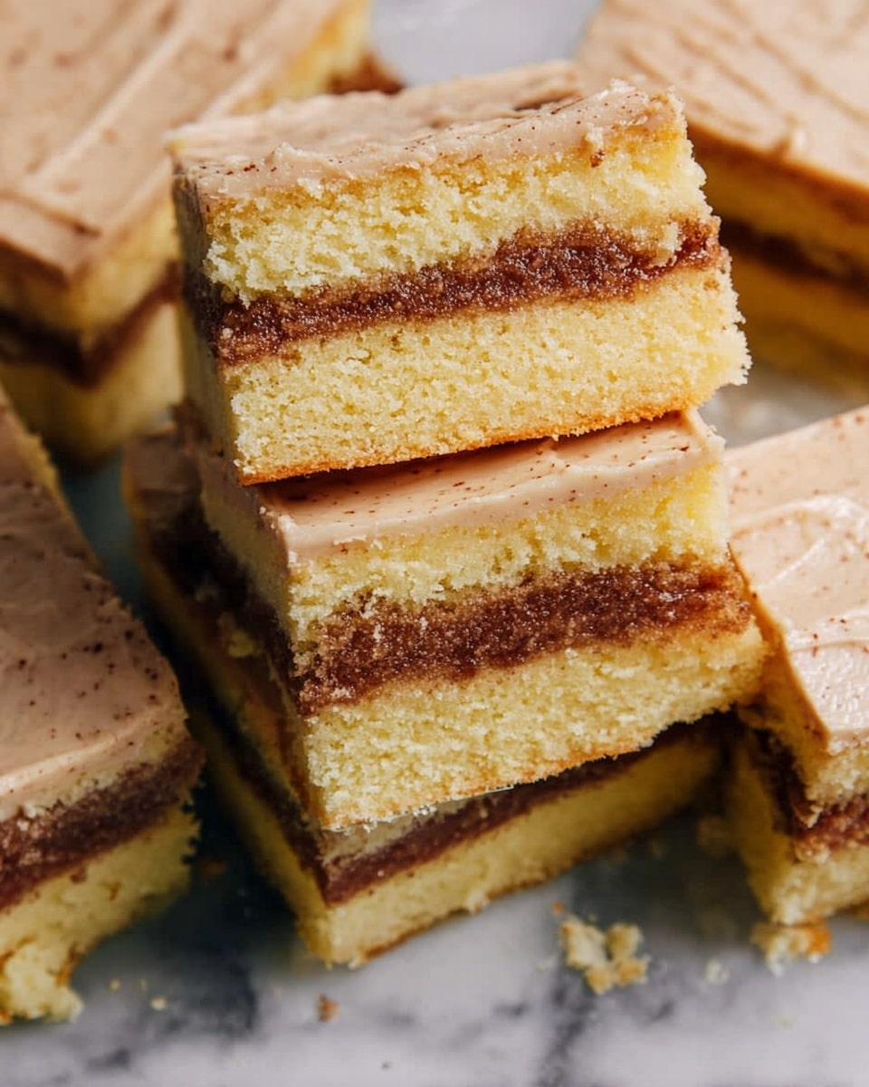 The image shows a close-up of several rectangular bakery bars stacked and arranged closely. Each bar has three layers: the top and bottom layers are light yellow cake with a soft, crumbly texture, while the middle layer is a darker, rich brown filling. The bars are coated with a light beige frosting that looks creamy and slightly speckled. They are placed on a white marbled surface. Photo taken with an iphone --ar 4:5 --v 7