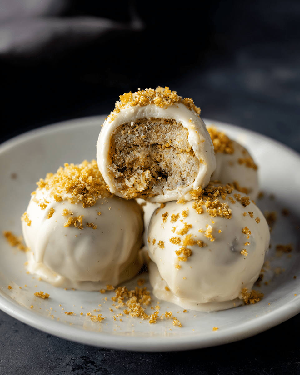 Three round dessert balls sit on a white plate over a white marbled surface, each covered in a smooth, pale cream coating sprinkled lightly with golden crumb pieces. One dessert ball is cut in half and balanced on top of another, showing a dense, layered inside with shades of light brown and beige, textured with crumbly bits. The background is dark and out of focus, highlighting the desserts in the foreground. Photo taken with an iphone --ar 4:5 --v 7