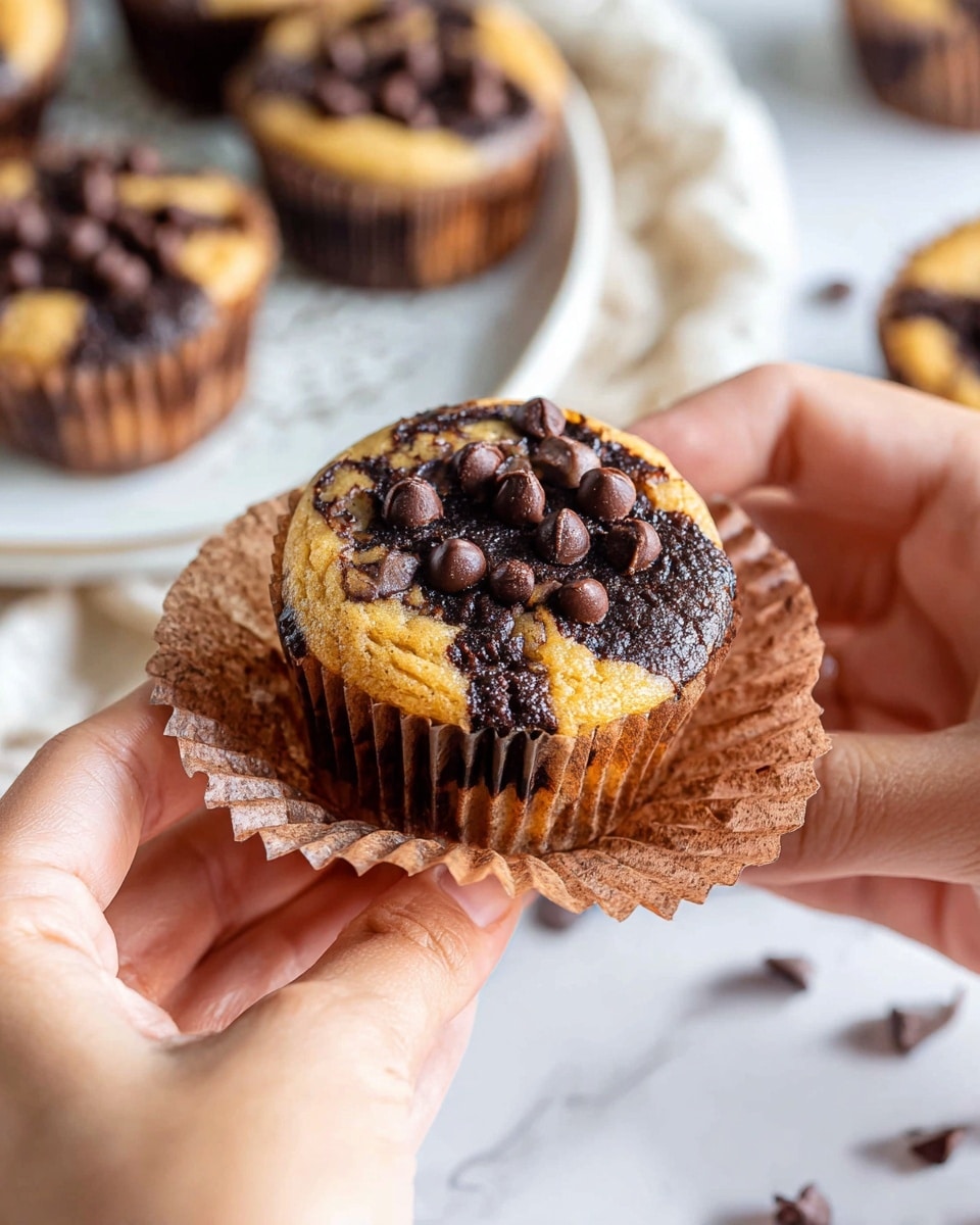 A close-up of a small cupcake held by a pair of hands, with the cupcake partially wrapped in a brown cupcake liner unfolded around it. The cupcake has two main layers on top: a golden brown base with a slightly rough texture and darker, almost black swirl patches, giving a marbled look. Scattered chocolate chips sit on top, adding dark brown highlights and a glossy texture. In the blurred background, more cupcakes with the same color pattern rest on a white marbled surface and a white round plate with a delicate pattern. Photo taken with an iphone --ar 4:5 --v 7