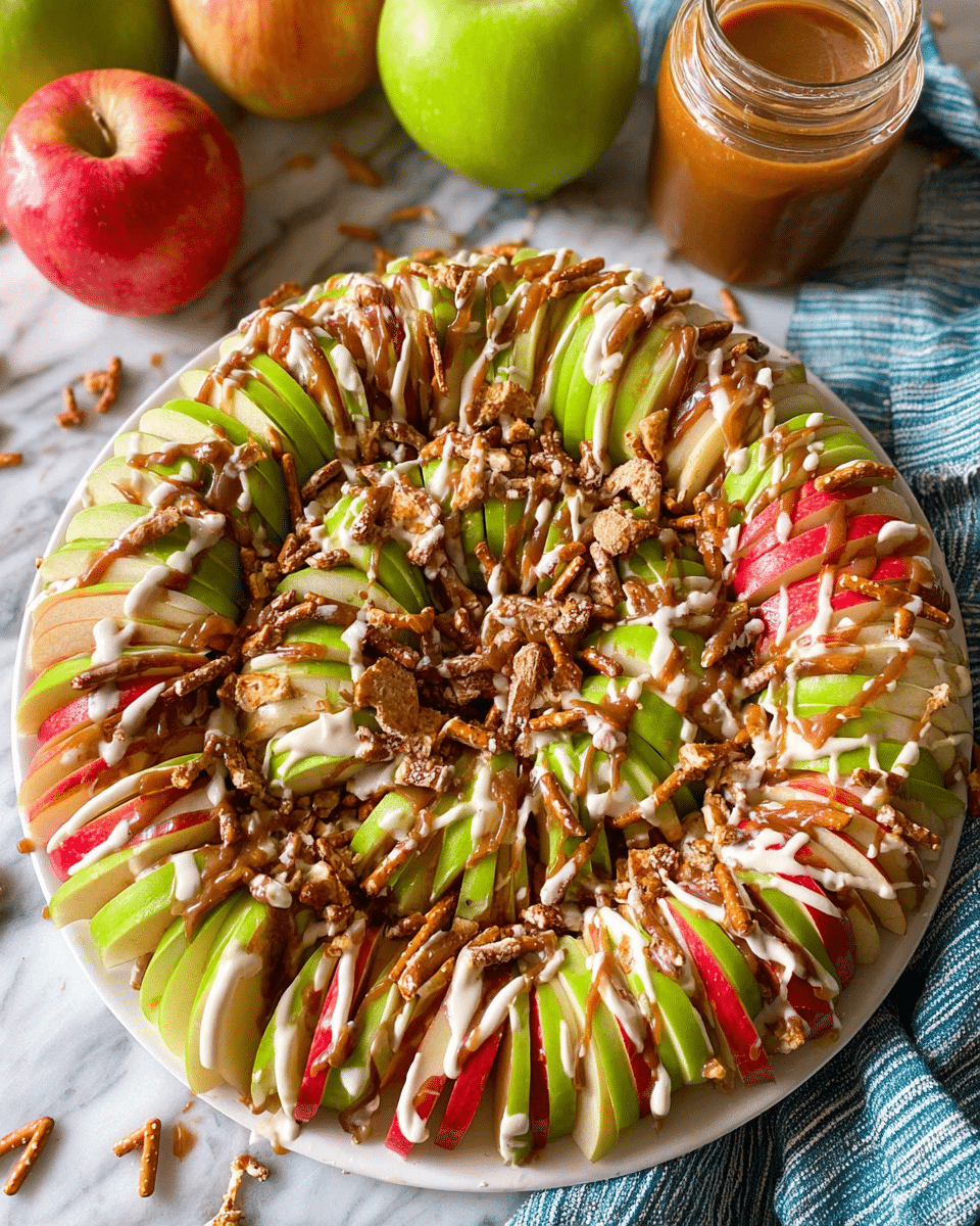 A round white plate holds a beautiful layered apple snack arranged in a circular pattern with alternating green and red apple slices standing up on edge, about three layers thick. The apples are drizzled generously with creamy white and light brown sauces, creating thin streaks across the top. Crushed pretzel pieces and chocolate bits are scattered unevenly all over the apple layers, adding texture and color contrast with dark brown and warm tan. The plate sits on a white marbled surface, with whole green and red apples and a jar of caramel sauce placed nearby, and a striped blue cloth folded in the top right corner. Photo taken with an iphone --ar 4:5 --v 7