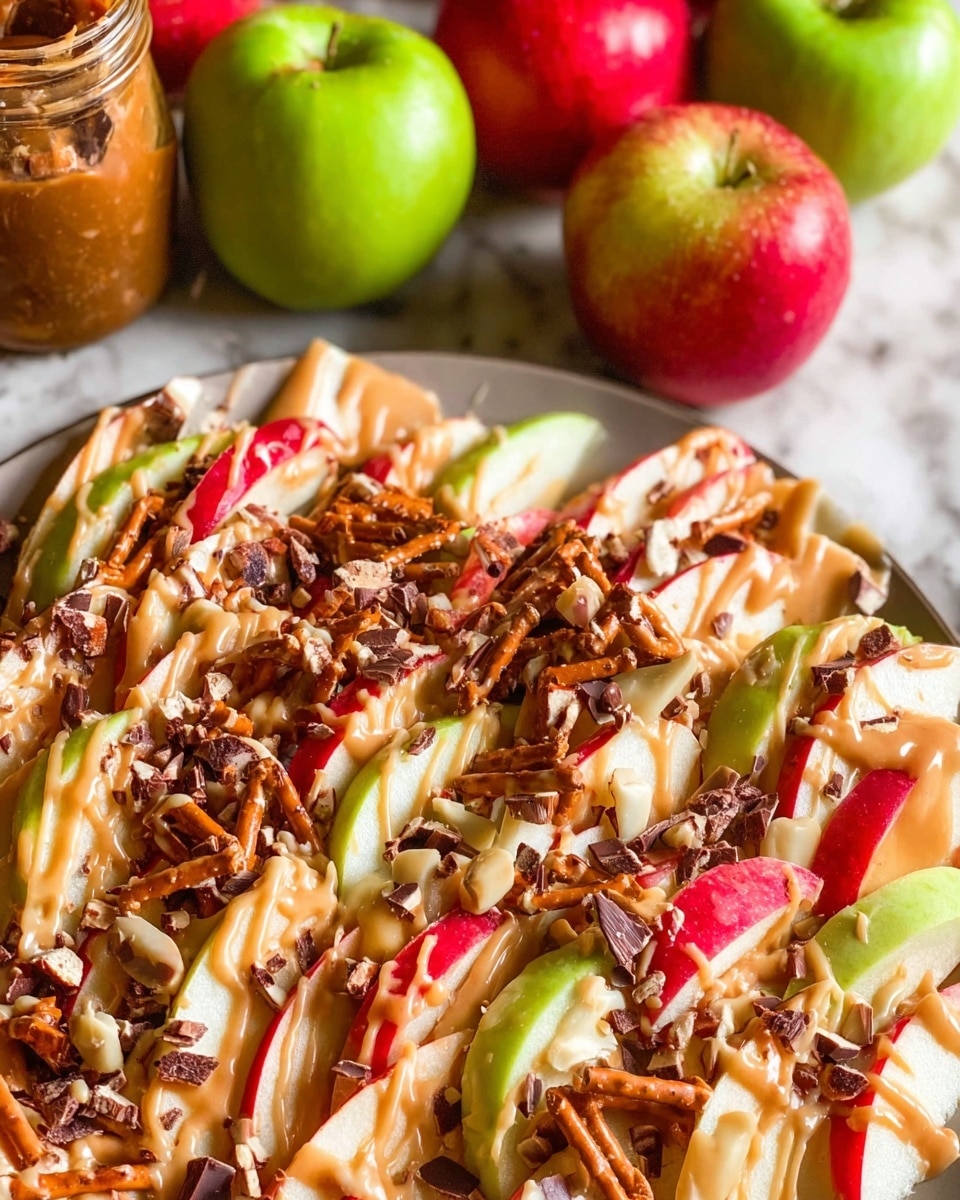 The image shows a plate filled with thin layers of red and green apple slices arranged side by side in overlapping rows. These apple slices are covered with creamy beige caramel sauce and drizzled with white chocolate. On top, there is a generous sprinkle of small broken pieces of chocolate and crunchy pretzels, adding texture and a mix of brown and light tan colors. In the background, whole red and green apples and a jar of caramel sauce sit on a white marbled surface, adding a fresh and cozy feeling to the scene. photo taken with an iphone --ar 4:5 --v 7