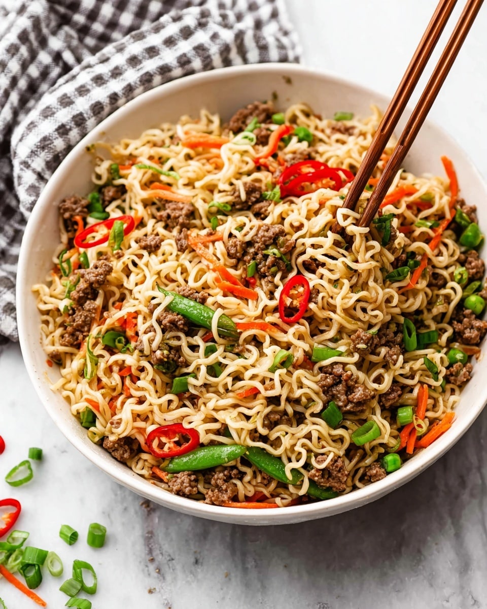 A white bowl filled with a mix of light beige cooked noodles, scattered with small pieces of brown ground meat, bright green chopped scallions, green snap peas, red sliced chili peppers, and thin orange carrot strips. Light brown wooden chopsticks are resting in the bowl, lifting some noodles. The bowl is placed on a white marbled surface with a checkered kitchen towel in the background, and some small bits of chopped scallions and carrots are scattered around the bowl. photo taken with an iphone --ar 4:5 --v 7