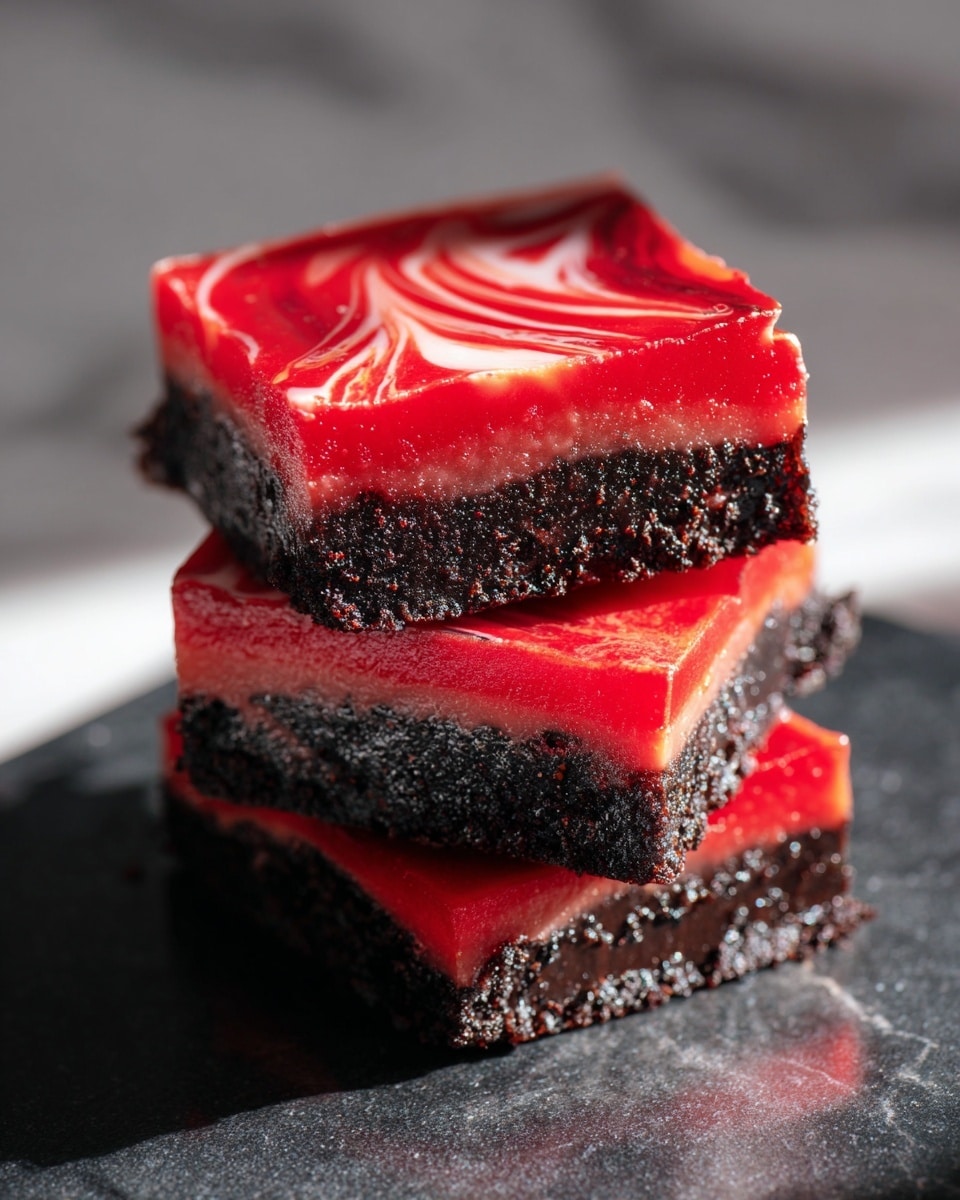 The image shows a stack of three square dessert bars with two clear layers. The bottom layer is thick, dark black with a slightly crumbly texture, and the top layer is a bright red, smooth and glossy, swirling gently on the surface. The sides show a rough edge where the two layers meet, with the red layer thicker than the black. The bars are stacked on a dark surface with the top bar slightly tilted. The background features a soft light coming through a white marbled texture. photo taken with an iphone --ar 4:5 --v 7