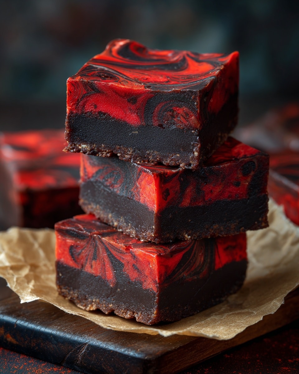 The image shows three thick square pieces of layered fudge stacked on a dark wooden board lined with crumpled parchment paper. Each piece has three visible layers: the bottom layer is a dark brown, slightly crumbly base; the middle layer is a rich, smooth black layer with a solid texture; the top layer is bright red with swirled black patterns creating an artistic marbled effect. The fudge pieces appear dense and glossy, highlighting the contrast between the bright red and dark black. The background is softly blurred and dark, making the vibrant colors of the fudge stand out. photo taken with an iphone --ar 4:5 --v 7