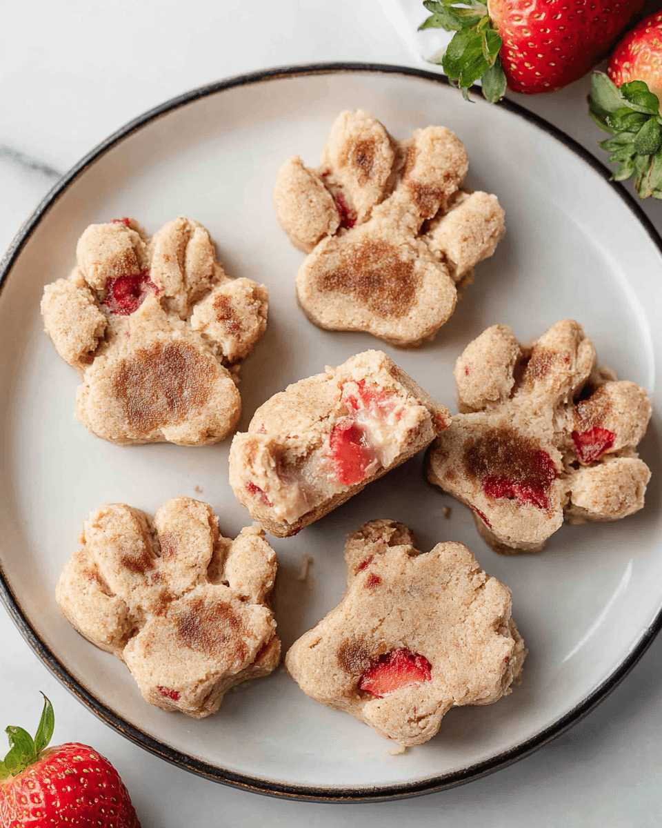Five small paw-shaped baked treats in light brown color with darker baked spots are arranged closely on a white plate with a thin black rim. One treat is broken open at the front, revealing soft, pale beige interior with pieces of bright red strawberries inside. Fresh, whole strawberries with green leaves are placed next to the plate on a white marbled surface. The texture of the treats looks soft and slightly crumbly with a rough, homemade appearance. photo taken with an iphone --ar 4:5 --v 7