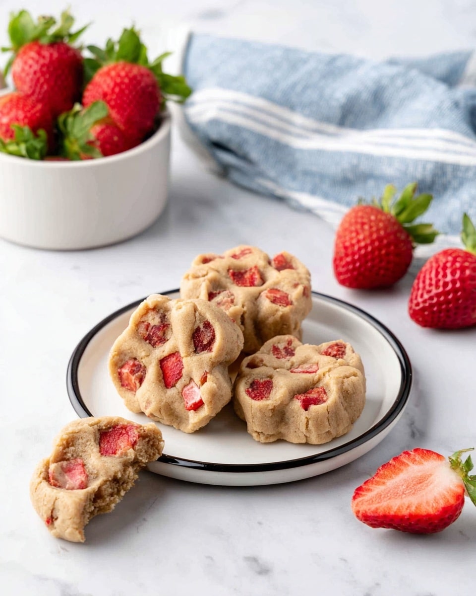 The image shows a small white plate with a black rim holding three paw-shaped cookies that are light brown with red strawberry pieces embedded inside, giving a textured look with round and uneven shapes. One cookie is broken in half and set in front of the plate, showing the soft inside with chunks of strawberries. Nearby, two whole strawberries rest on the white marbled surface, with a white bowl filled with green-leafed strawberries in the background to the right. A blue and white striped cloth sits folded on the right side, adding a soft touch to the scene. The whole setup is bright and clean with a smooth white marbled background, making the cookies and strawberries stand out. Photo taken with an iphone --ar 4:5 --v 7