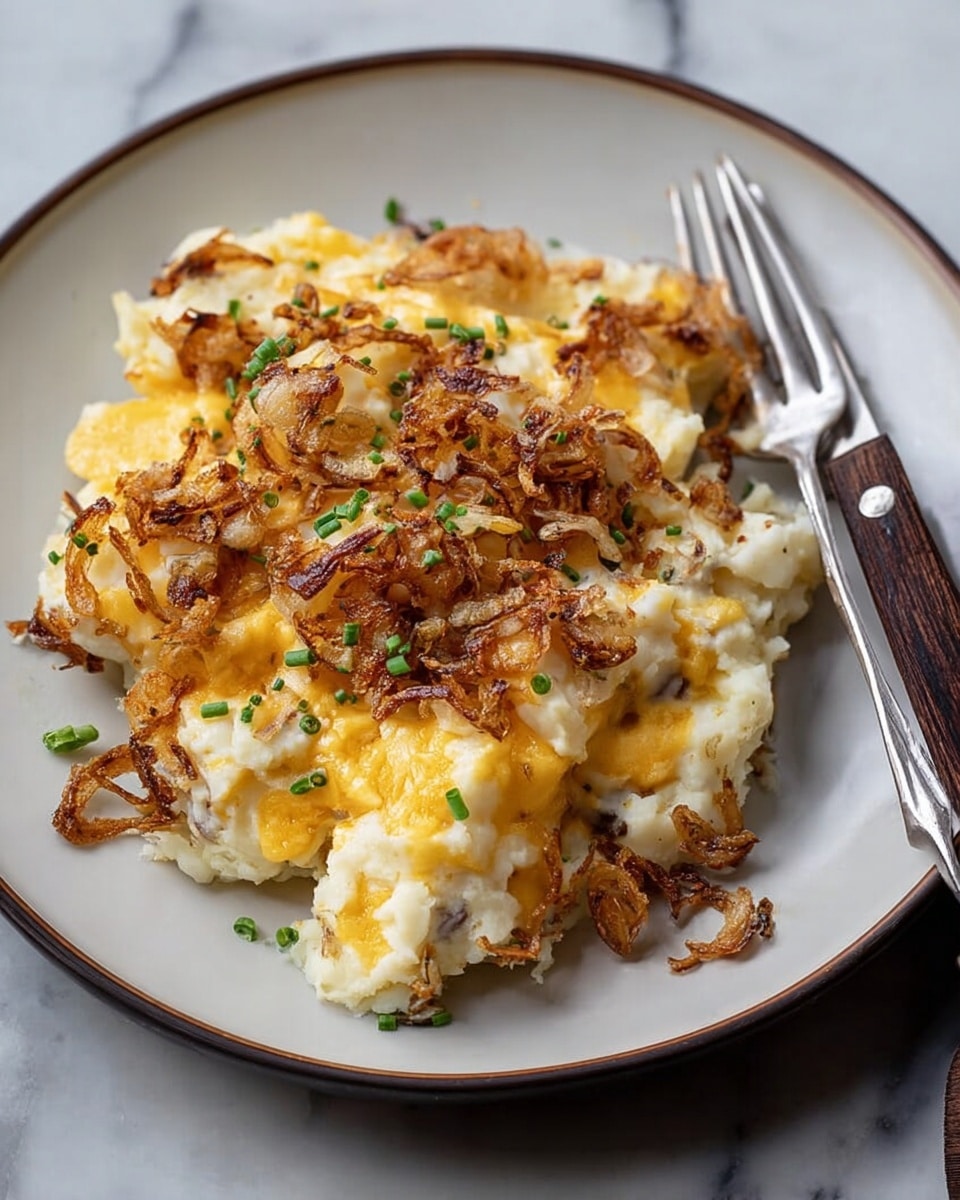 A white plate holds a dish with three main layers: a creamy, chunky mashed potato base in pale white, topped with melted yellow and white cheese that looks rich and gooey, and finished with a generous amount of thin, crispy golden-brown fried onions scattered on top. Small green herbs are sprinkled lightly over the cheese and onions, adding a touch of color. A silver fork with a dark wooden handle rests on the right side of the plate. The plate sits on a white marbled surface. photo taken with an iphone --ar 4:5 --v 7