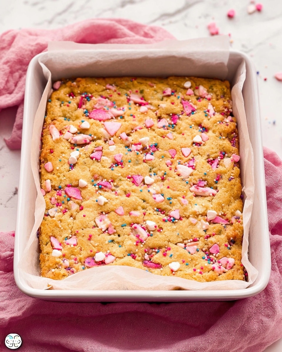 A stack of three thick square dessert bars sits on a white plate, each bar having a golden-brown crumbly texture with cracks on top. The bars are studded with small round colorful sprinkles and chunks of pink and white icing pieces embedded throughout. Around the plate, bright pink butterfly-shaped cookies with sprinkles add a decorative touch. The whole scene rests on a soft pink cloth on a white marbled surface, giving a cozy and sweet feel. Photo taken with an iphone --ar 4:5 --v 7