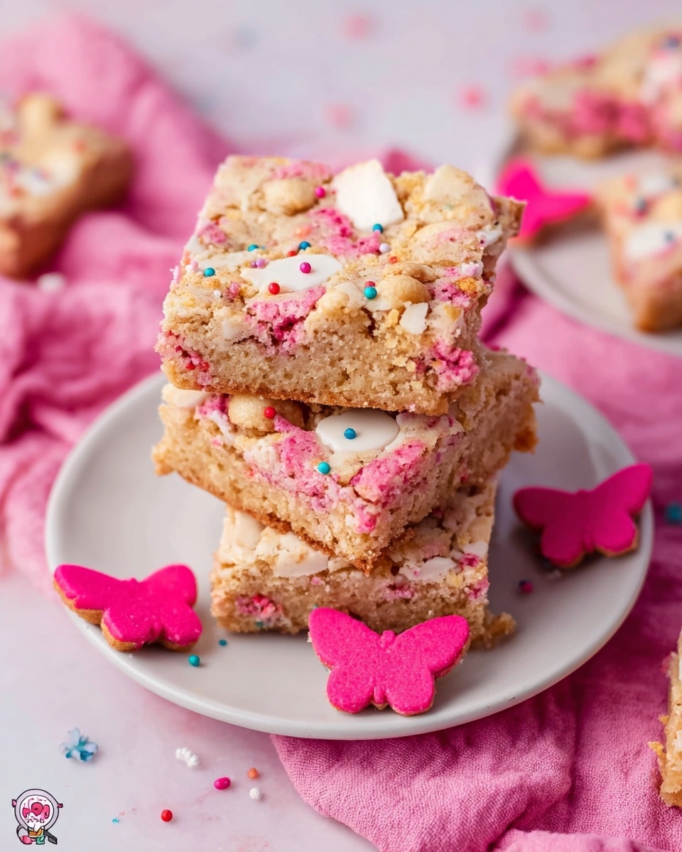 The image shows a single-layer square cake in a white ceramic baking dish lined with parchment paper. The cake has a golden-brown, slightly crumbly texture with embedded broken pink and white candy pieces scattered on top. The surface is sprinkled with small, round, colorful sprinkles, creating a festive look. The dish is set on a white marbled surface with a soft pink fabric partially visible underneath the dish. Photo taken with an iphone --ar 4:5 --v 7