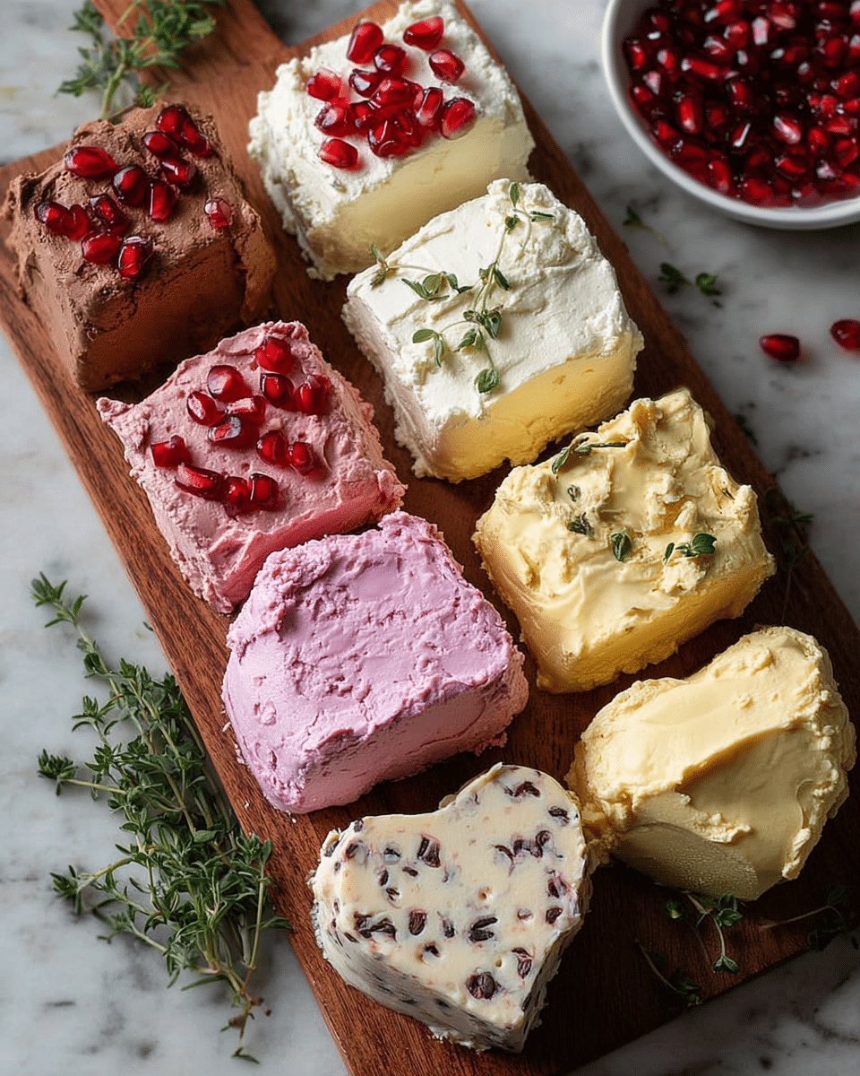 The image shows a wooden board with seven different square and heart-shaped pieces of flavored butter arranged in two rows. The top row has a brown piece with red pomegranate seeds on top and next to it, a white piece with a smooth creamy texture. The middle row contains a pink piece with a rough texture on the left, a creamy yellow piece with small herbs on top in the middle, and a white piece with tiny dark purple specks throughout on the right. The bottom row includes a heart-shaped piece filled with pomegranate seeds on the left and a rough-textured pale yellow piece on the right. Fresh green herbs are scattered around the board, and a small white bowl filled with pomegranate seeds is partially visible on a white marbled surface background. Photo taken with an iphone --ar 4:5 --v 7