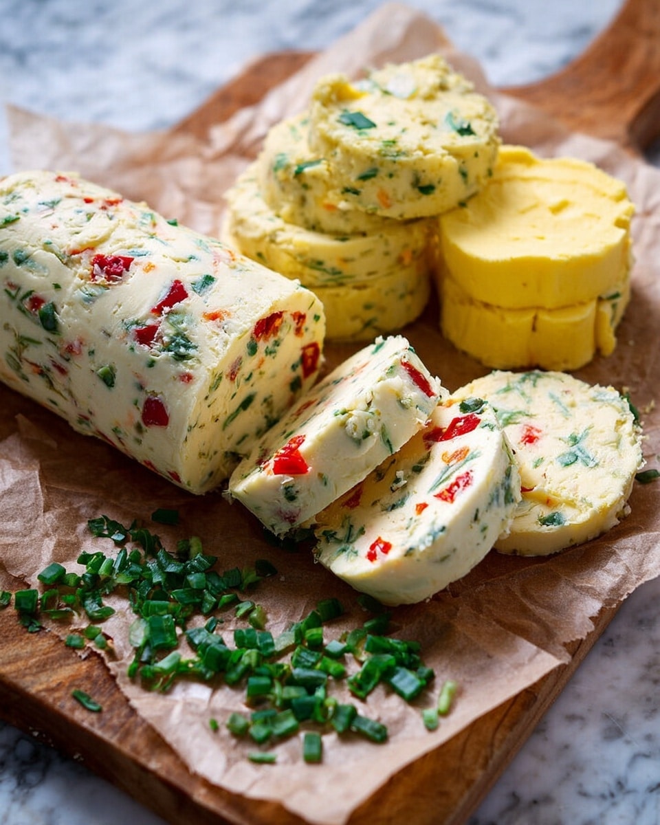 The image shows three logs of soft butter, each sliced into rounds and placed on brown parchment paper on top of a wooden board. The first log has a creamy white base with green herbs and small red pepper pieces mixed in, giving it speckles of bright green and red throughout. The second log is pale yellow with small green bits scattered inside, and the third log is a solid lighter yellow with a smooth, slightly crumbly texture. Some rounds are stacked behind others, and chopped green herbs are scattered on the wood board near the parchment. The whole scene is set on a white marbled texture. photo taken with an iphone --ar 4:5 --v 7