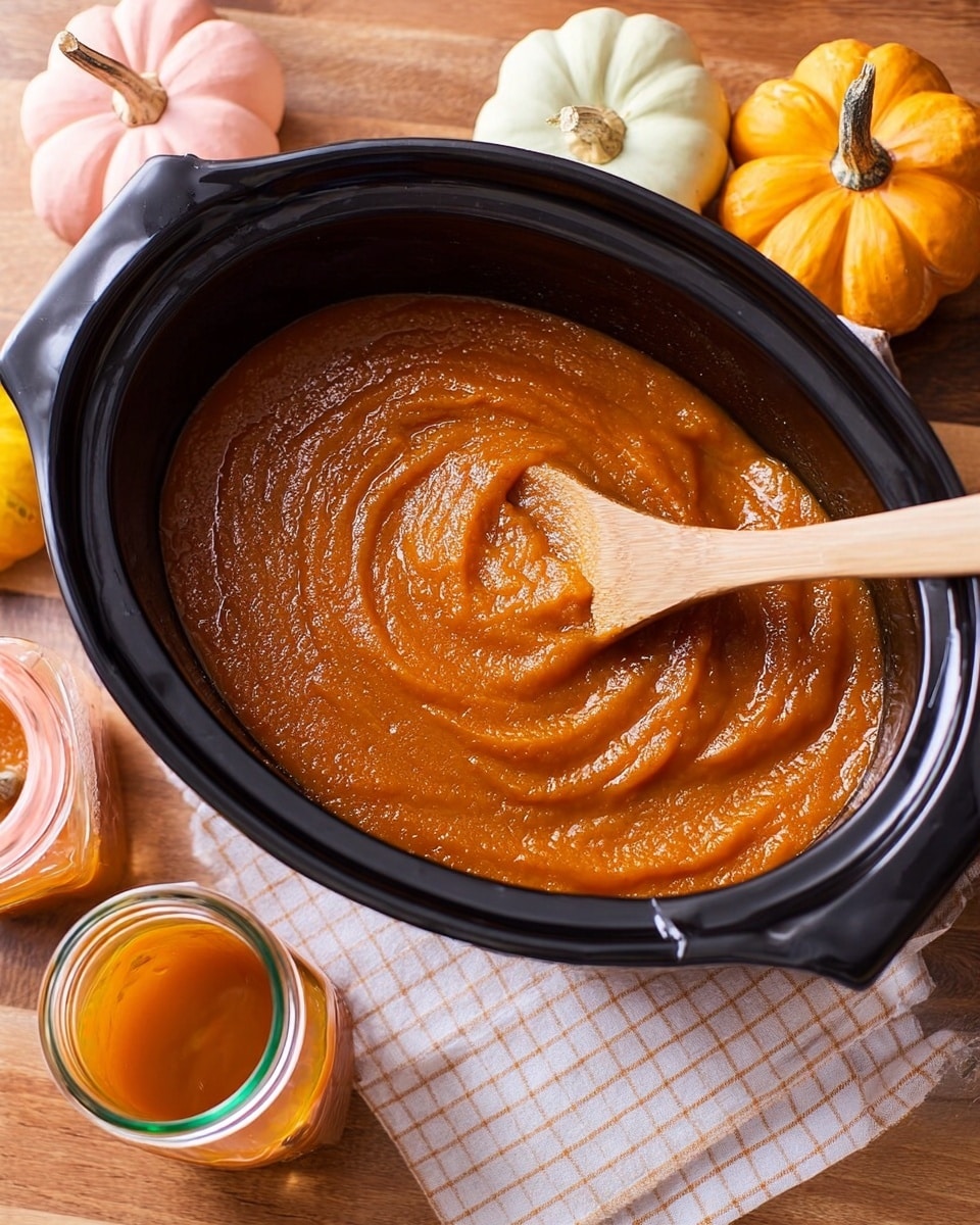 A black cooking pot filled with a thick, smooth orange-brown pumpkin puree that has a creamy texture, with a light swirl pattern on top made by a wooden spoon resting inside. The pot is placed on a wooden table, surrounded by small pastel pumpkins in pale yellow and pink colors, and two clear glass jars filled with the same orange puree, one with a green lid. A white cloth with light brown grid lines is partly underneath the pot. photo taken with an iphone --ar 4:5 --v 7
