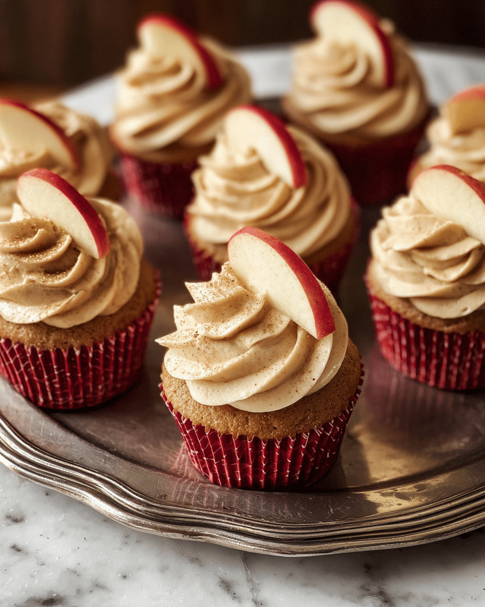 There are several cupcakes placed on a vintage silver tray with a shiny finish. Each cupcake has one layer of light brown cake in red checkered liners. On top of each cupcake is one thick swirl of creamy, light tan frosting with a smooth, whipped texture. Each frosting swirl is topped with a small slice of red apple, showing the red skin and white inside. The tray is set on a white marbled texture. Photo taken with an iphone --ar 4:5 --v 7