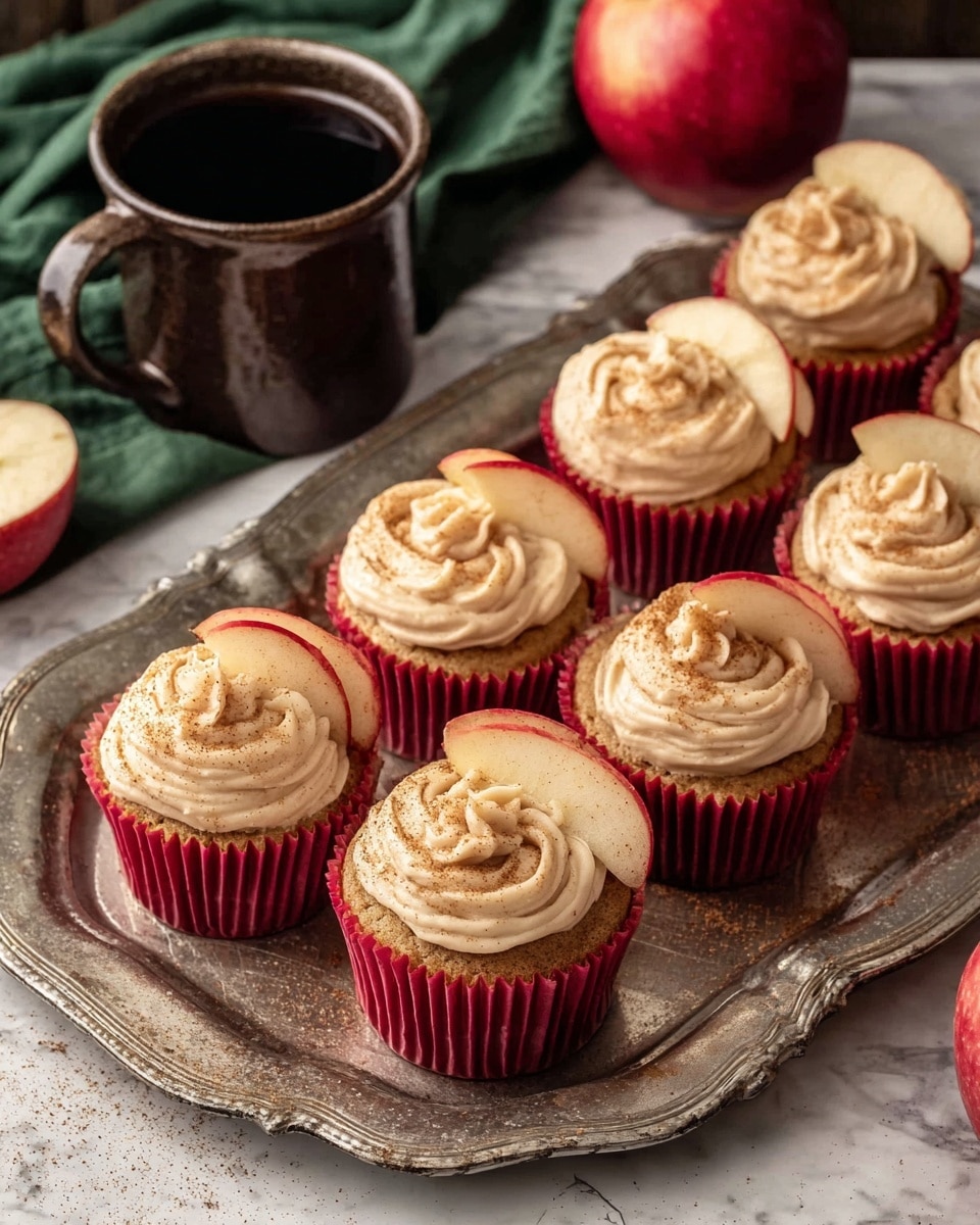 The image shows nine cupcakes arranged on a vintage silver tray with a shiny, slightly worn surface and a scalloped edge. Each cupcake has one layer of light brown cake in red paper liners, topped with a swirl of smooth beige frosting dusted lightly with cinnamon. Some cupcakes have a thin red apple slice tucked into the frosting on the side. In the background, there is a dark brown mug filled with black coffee, a green cloth casually draped, and a red apple placed on a white marbled surface. Photo taken with an iphone --ar 4:5 --v 7