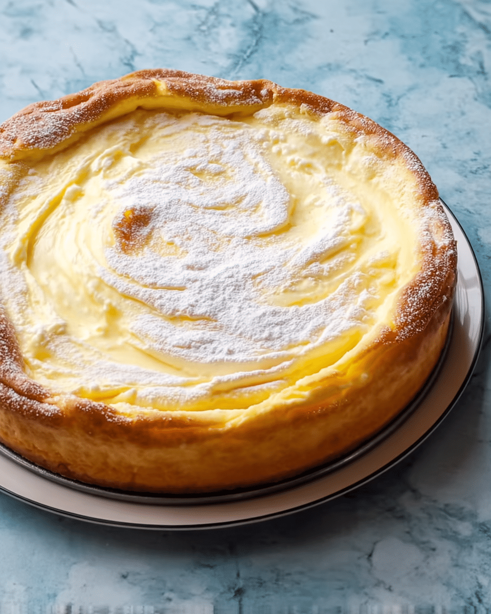 A round cheesecake with a thick, golden brown crust forms the base and edges. The top layer is creamy and smooth, pale yellow in color, with gentle swirls and soft peaks. A light dusting of white powdered sugar is spread unevenly across the surface, adding a delicate touch. The cheesecake is placed on a white plate with a dark rim, set on a white marbled textured surface. photo taken with an iphone --ar 4:5 --v 7